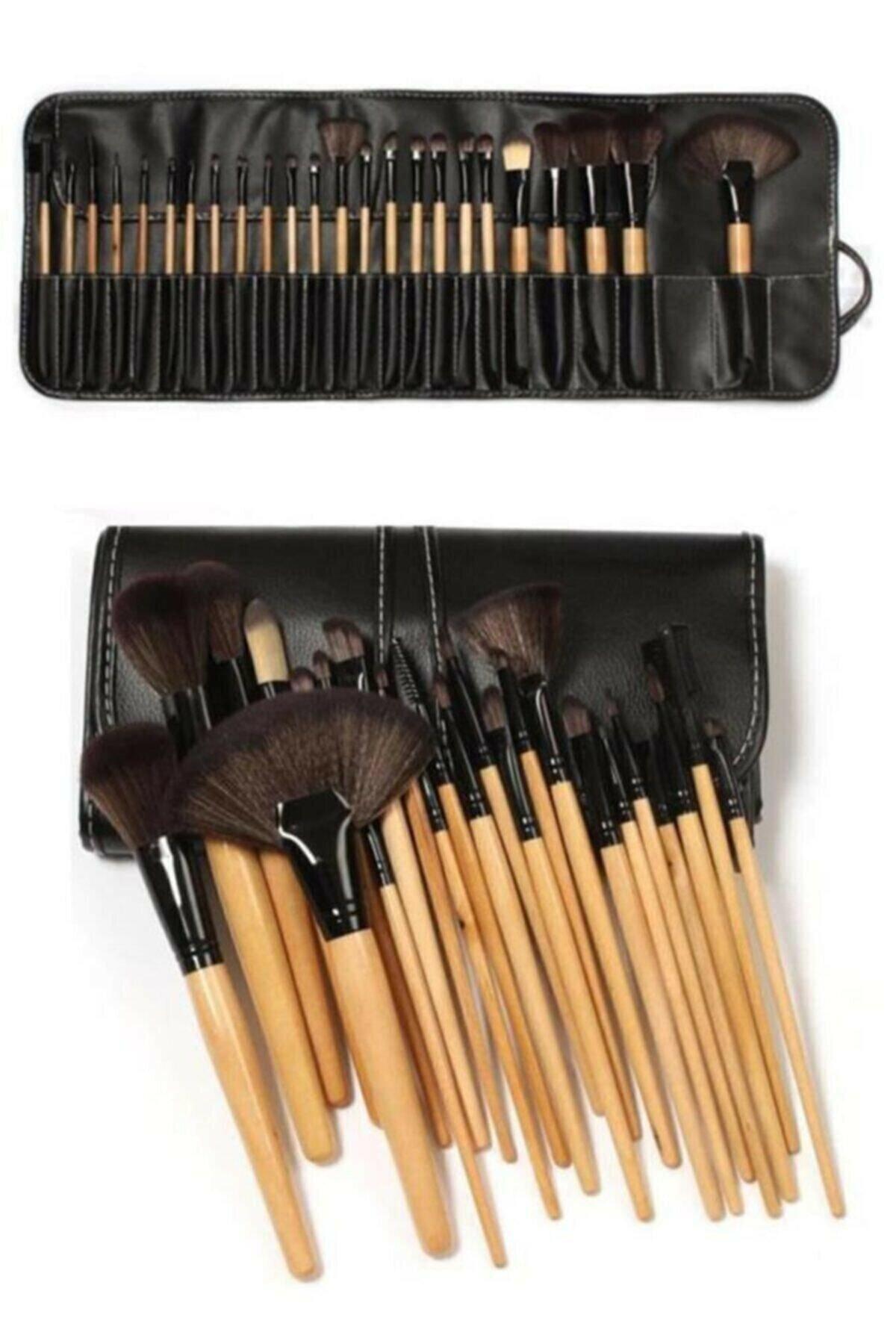24'lü Profesyonel Deri Çantalı Bambu Makyaj Fırça Seti