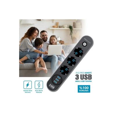 Akım Korumalı Grup Priz ve 3'lü Usb Şarj Aleti