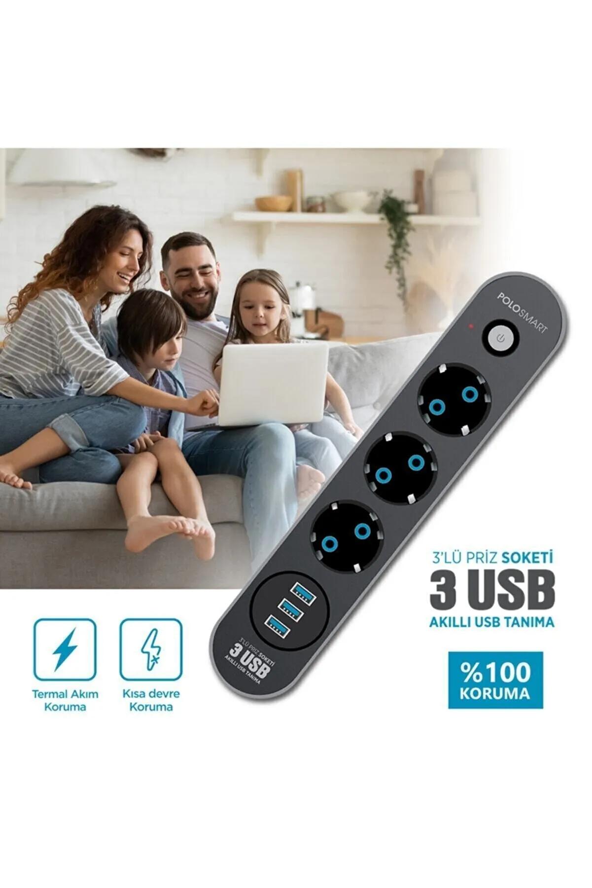 Akım Korumalı Grup Priz ve 3'lü Usb Şarj Aleti