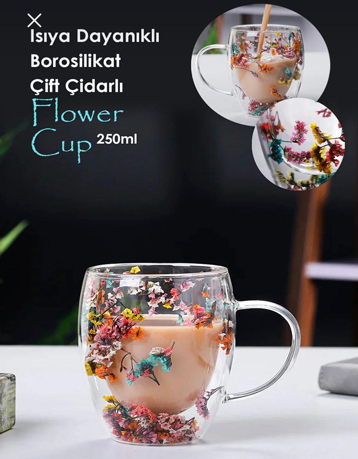 Flower Cup Çift Çidarlı Çiçekli Bardak