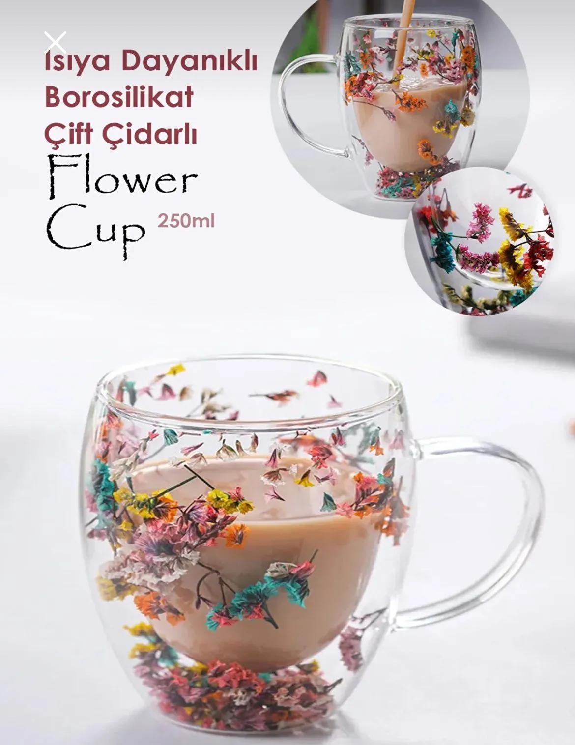 Flower Cup Çift Çidarlı Çiçekli Bardak