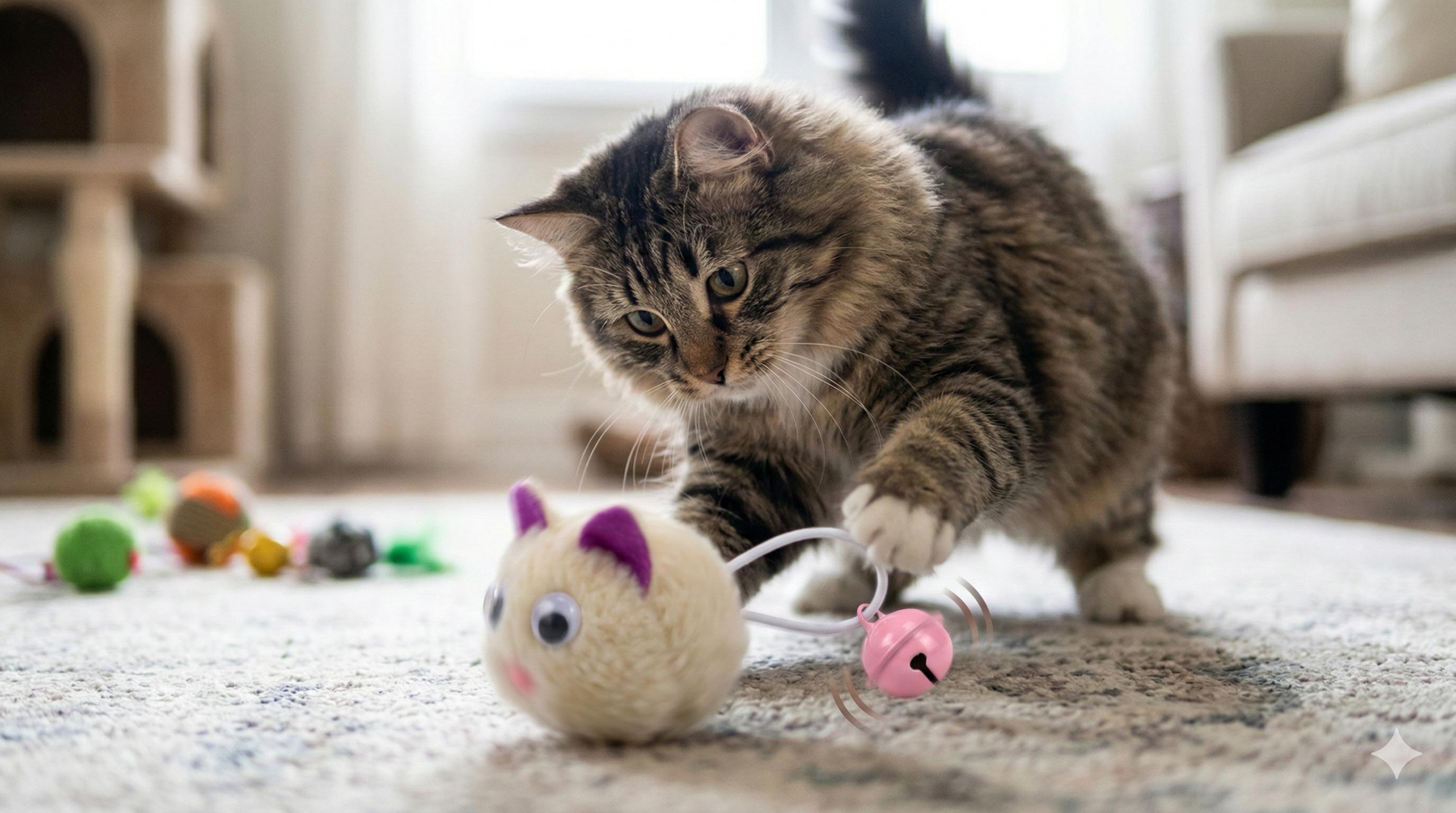 İnteraktif Zilli ve Elastik Kuyruklu Peluş Kedi Avcı Oyuncağı