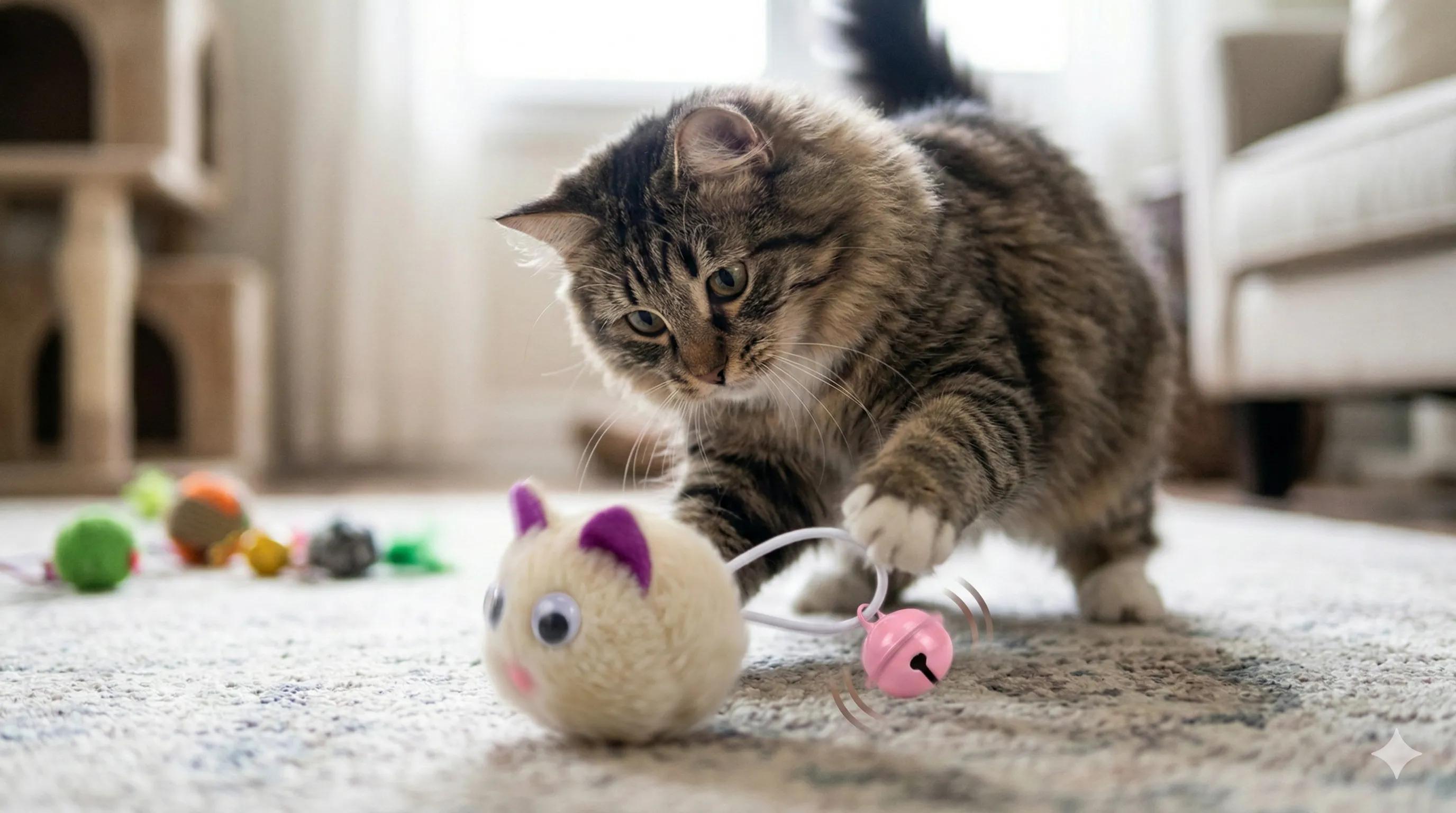 İnteraktif Zilli ve Elastik Kuyruklu Peluş Kedi Avcı Oyuncağı