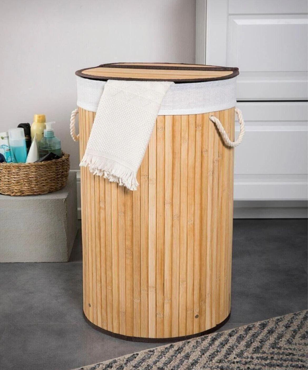Katlanabilir Bambu Çamaşır Sepeti Yuvarlak 35x50 *15