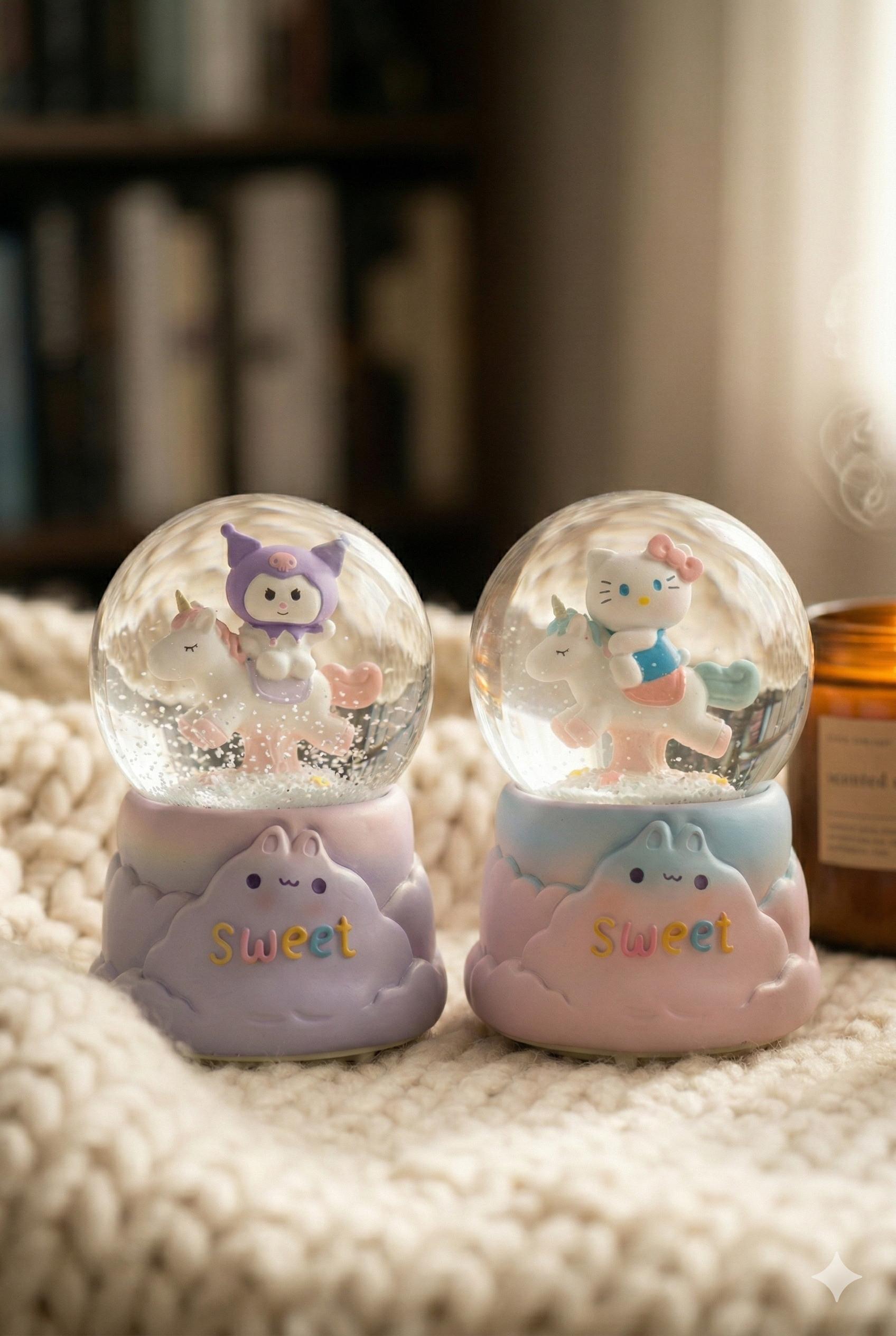 Masalsı Düşler Bulut Tabanlı Kedi ve Tavşan Unicorn Kar Küresi