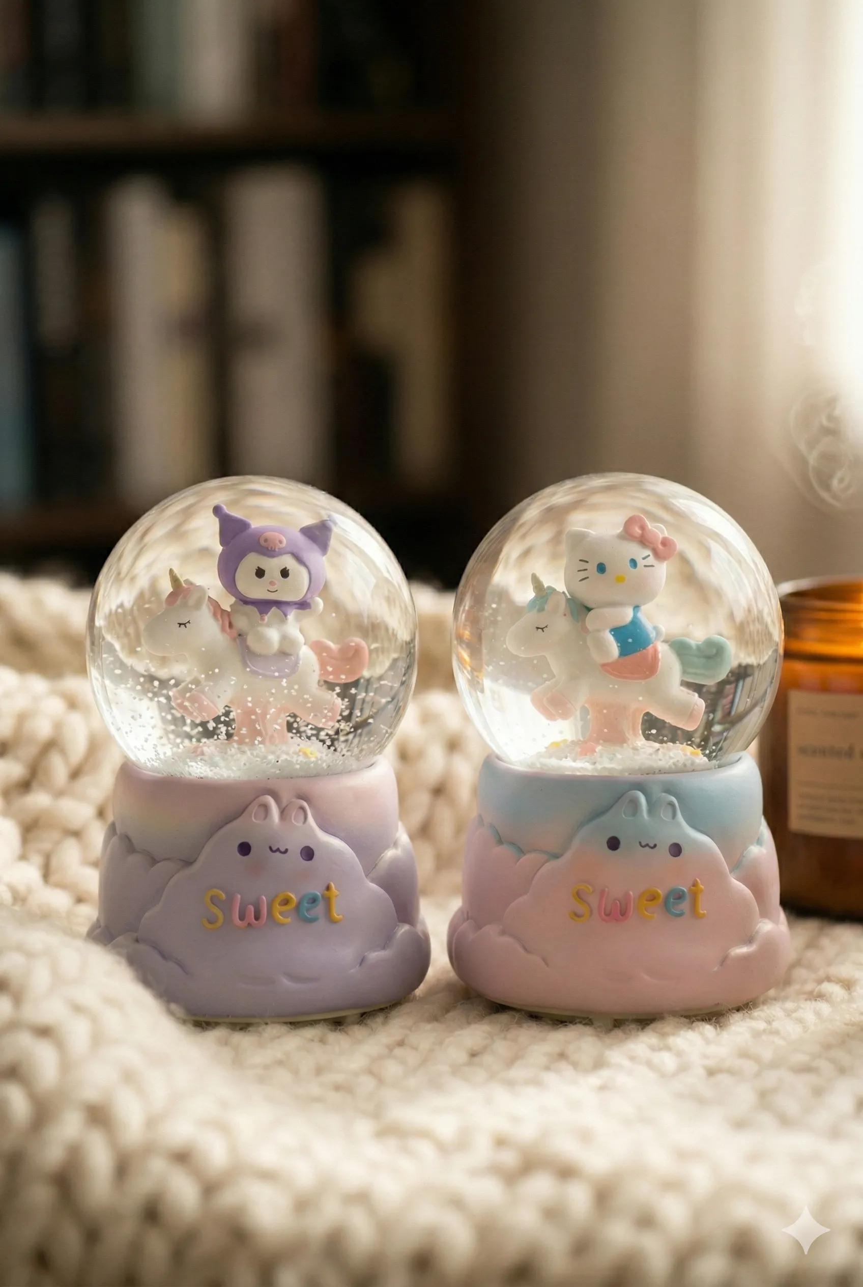 Masalsı Düşler Bulut Tabanlı Kedi ve Tavşan Unicorn Kar Küresi