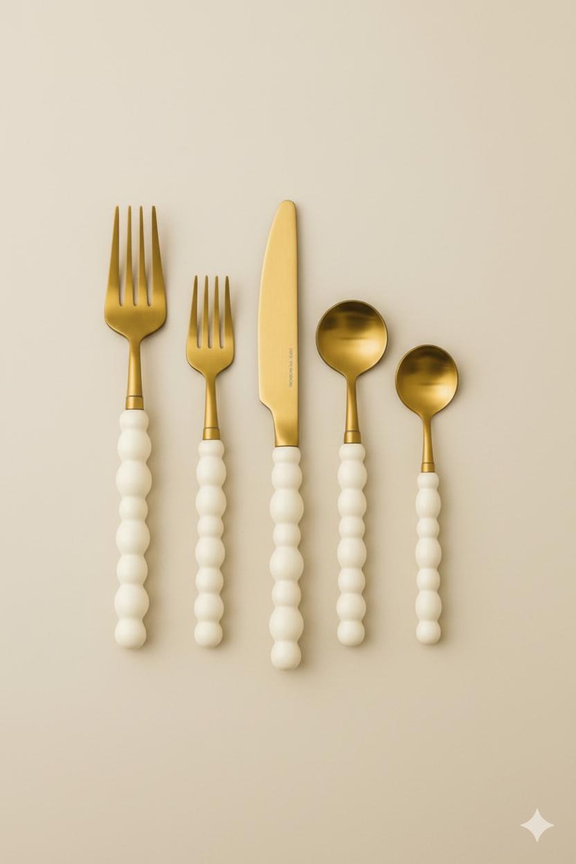 Premium Gold Serisi Beyaz Bubble Saplı Tatlı Kaşık 6 lı Set *100