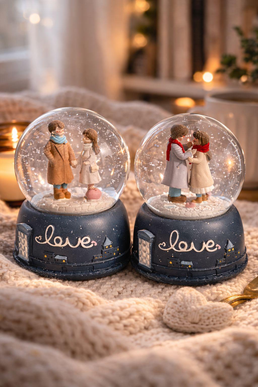 Romantik Love Kar Küresi – Işıklı Çift Figürlü Dekoratif Kar Küresi | Sevgililer Günü Hediyesi