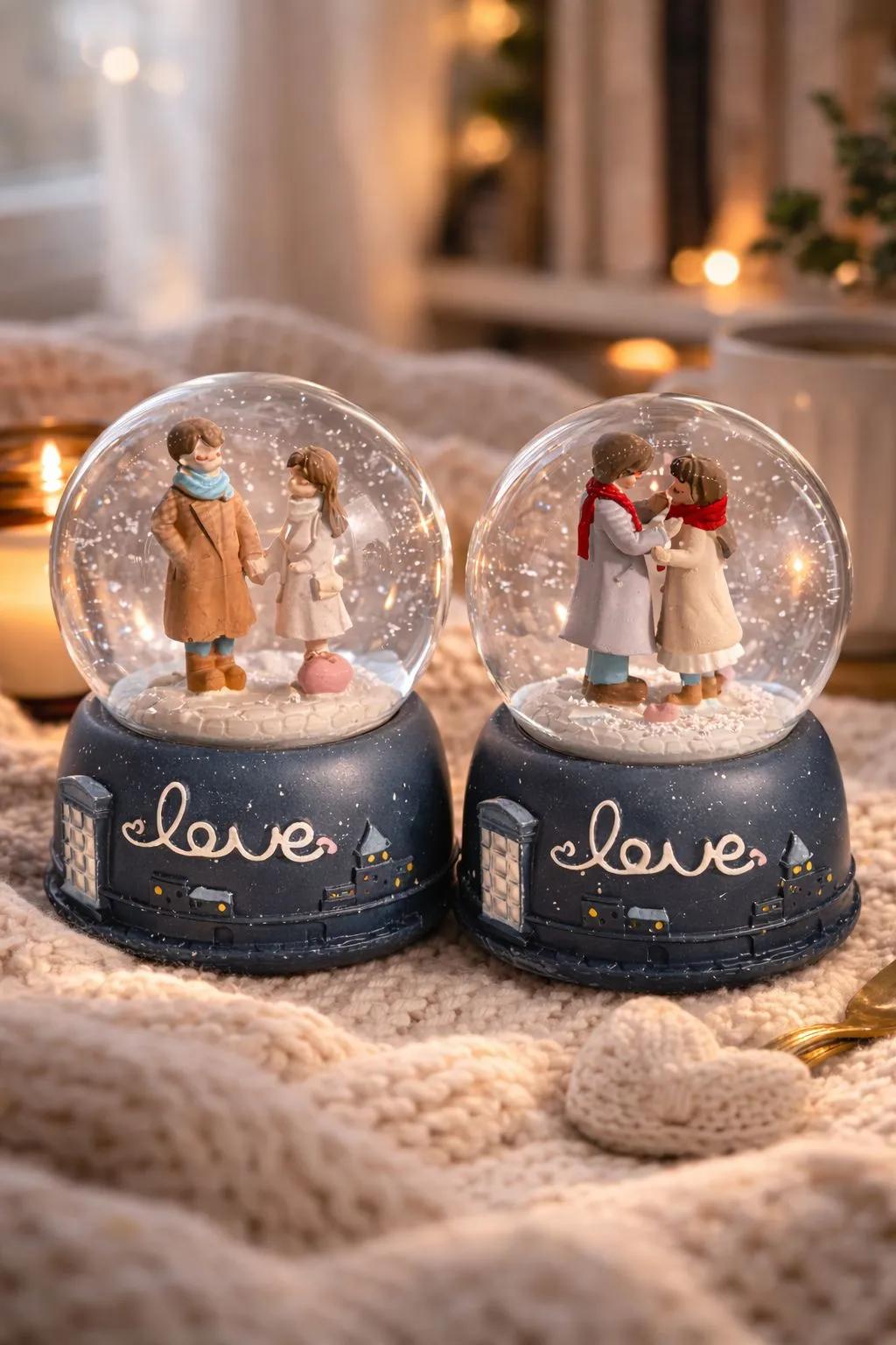 Romantik Love Kar Küresi – Işıklı Çift Figürlü Dekoratif Kar Küresi | Sevgililer Günü Hediyesi
