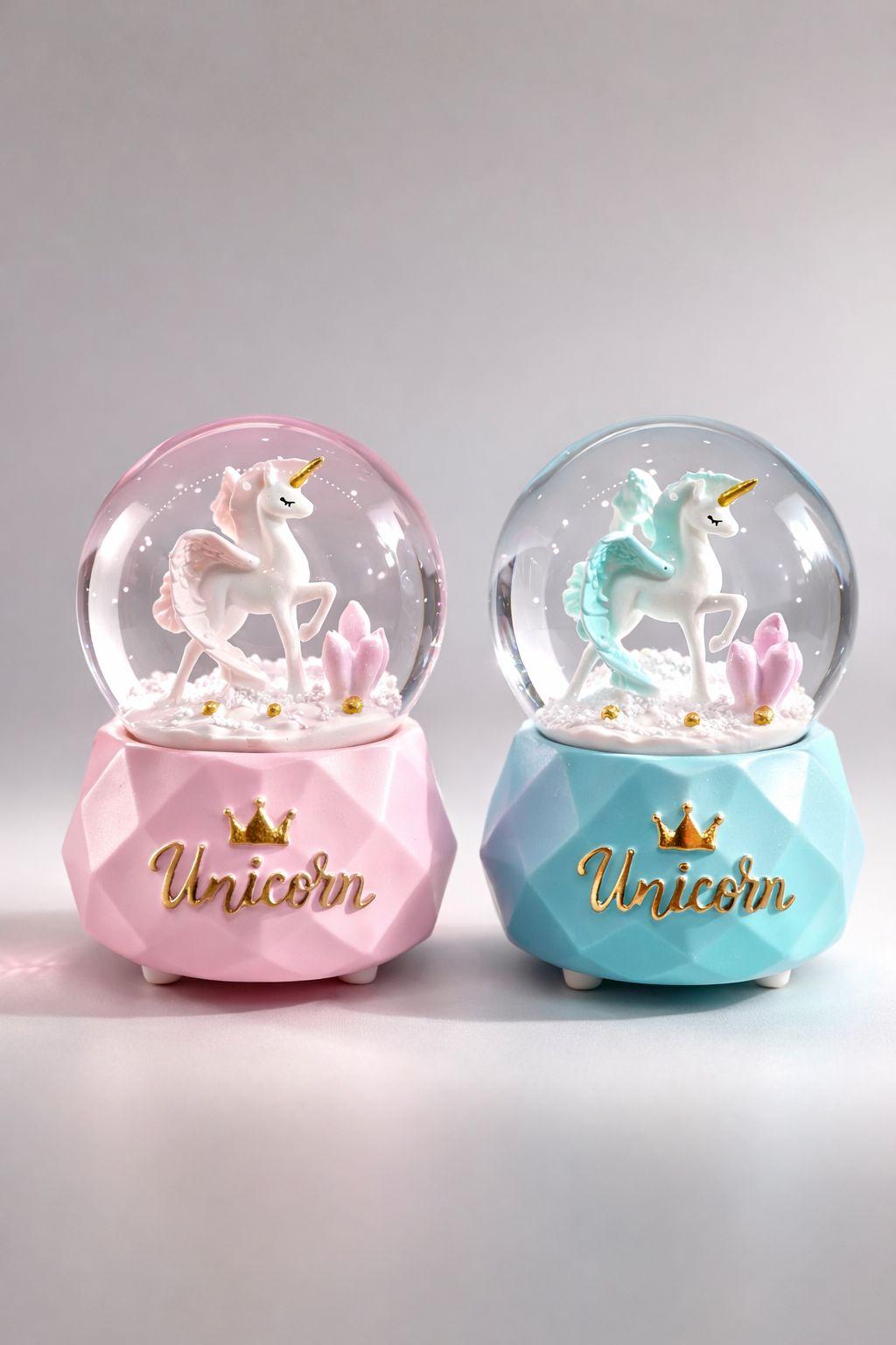 Romantik Unicorn Kar Küresi – Pastel Dekoratif Işıltılı Snow Globe