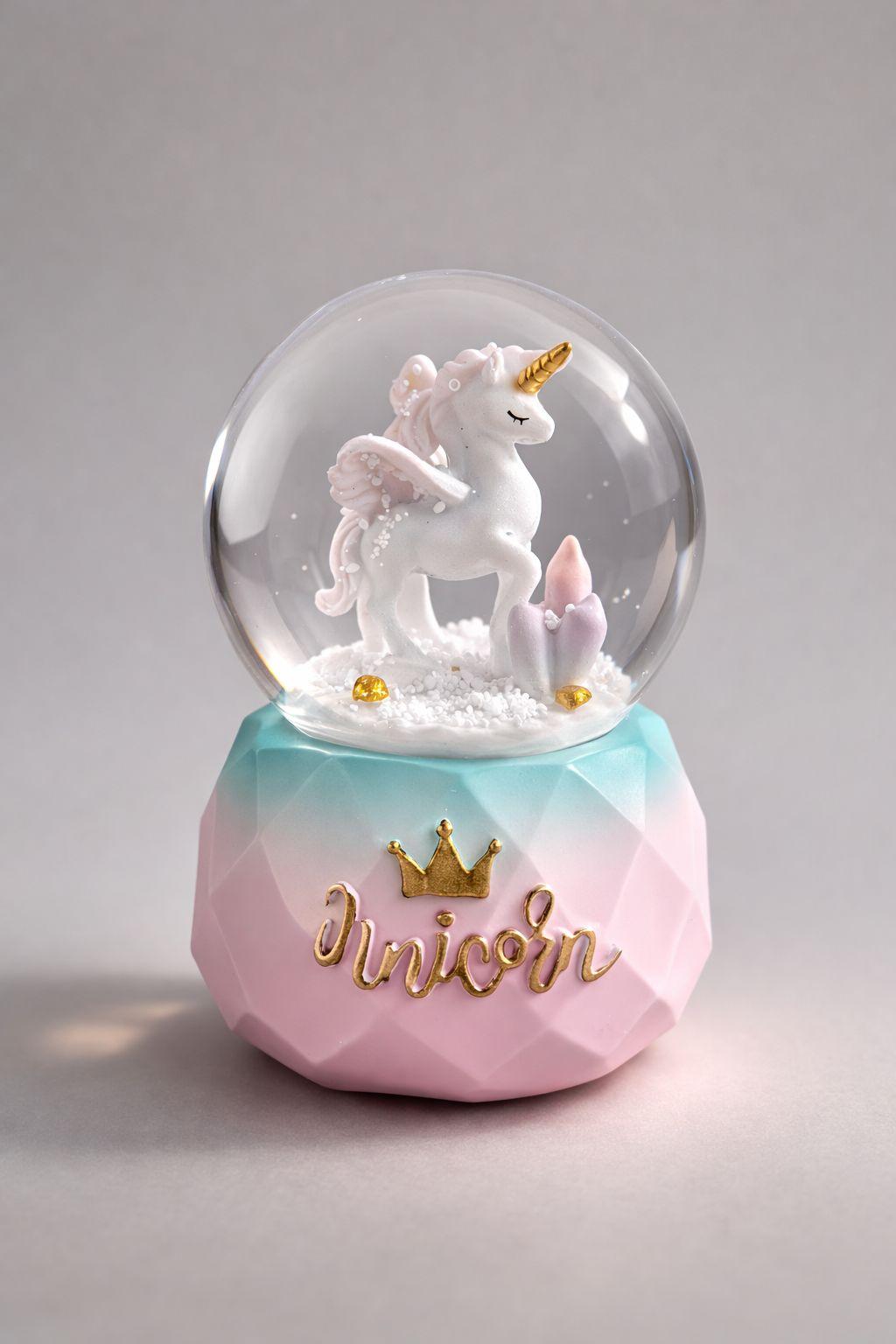 Romantik Unicorn Kar Küresi – Pastel Dekoratif Işıltılı Snow Globe