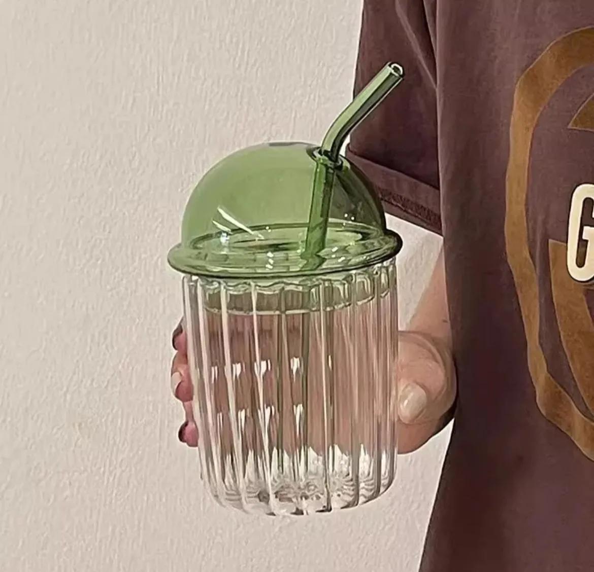 Yeşil Kapaklı Pipetli Soğuk Kahve Bardağı 450 Ml