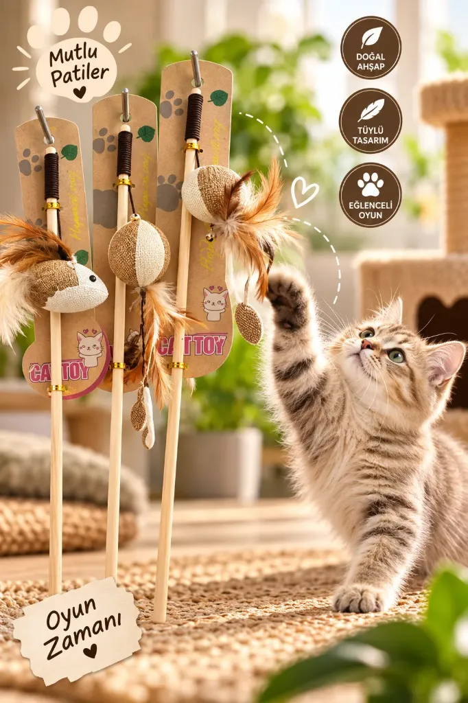 Wooden Cat Fishing Rod Natural Color Feather Ball