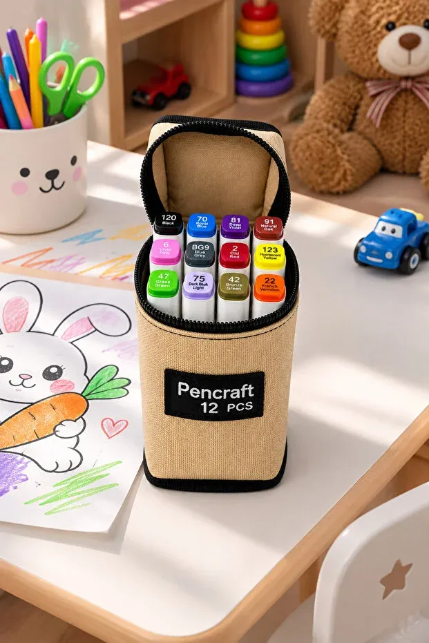 12 Li Set Bej Çantalı Beyaz Marker Kalem