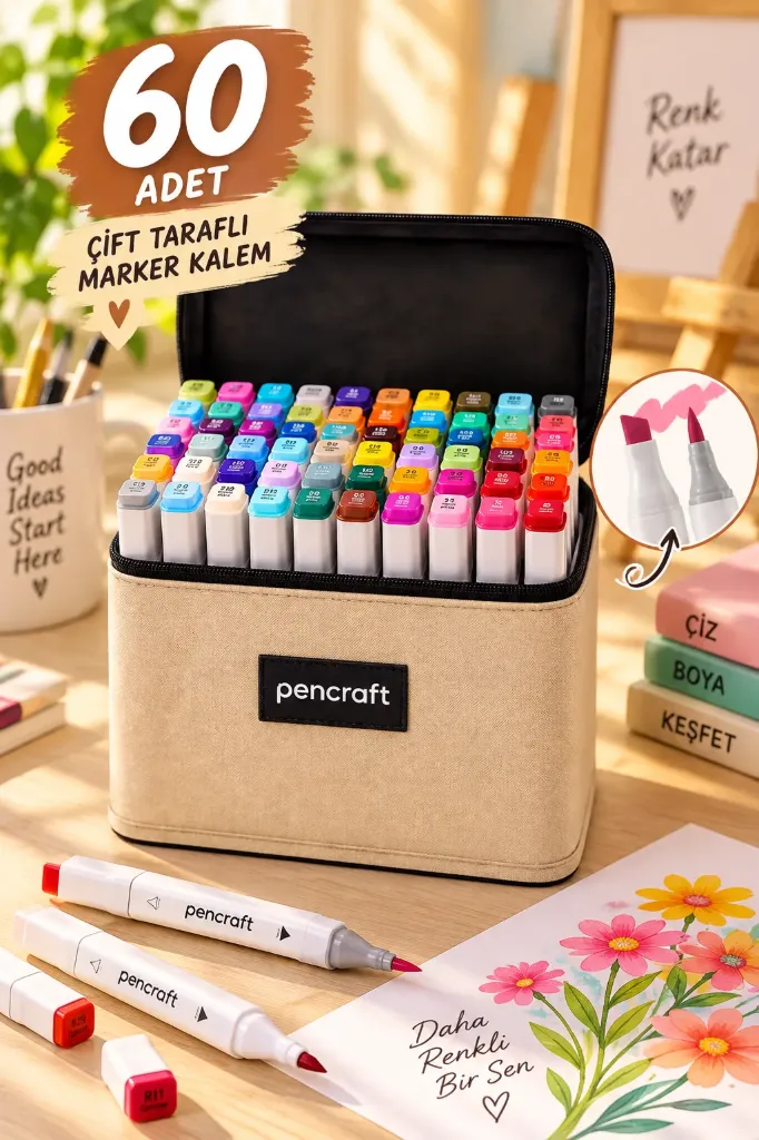 [PEN-019] 60 Lı Set Bej Çantalı Beyaz Marker Kalem Seti