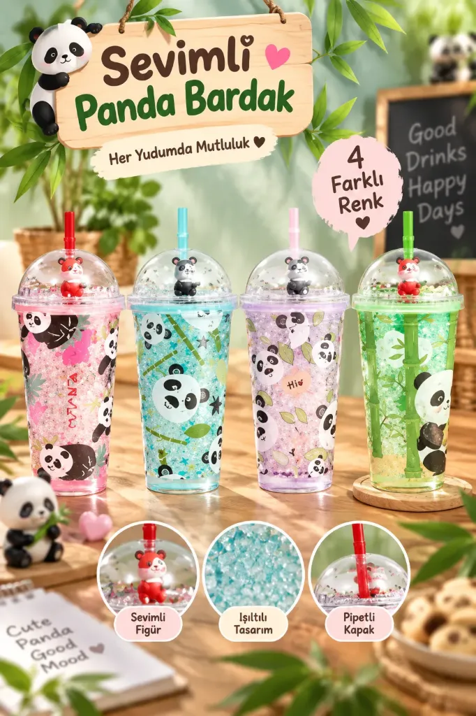 Sevimli Panda Figürlü Pipetli Matara