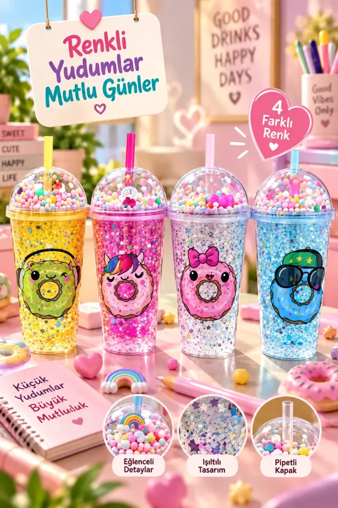 Sevimli Donut Figürlü Pipetli Matara