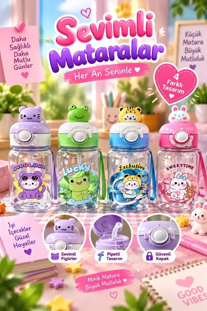 [MOS-114] Sevimli Figürlü Askılı Pipetli Matara