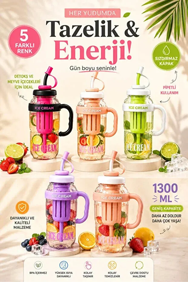 1300 ml Pipetli Matara Sızdırmaz Kapaklı Detoks Hazneli Kulplu Büyük Boy Suluk