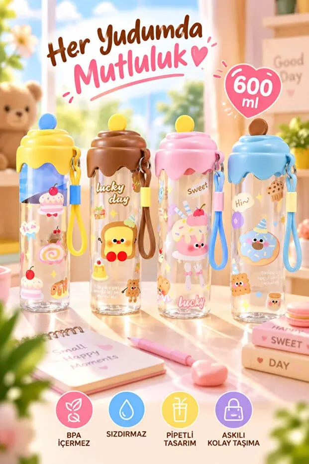 [MOS-120] 600 ml Kawaii Pipetli Çocuk Matarası – BPA İçermez, Sızdırmaz, Askılı Okul Su Şişesi