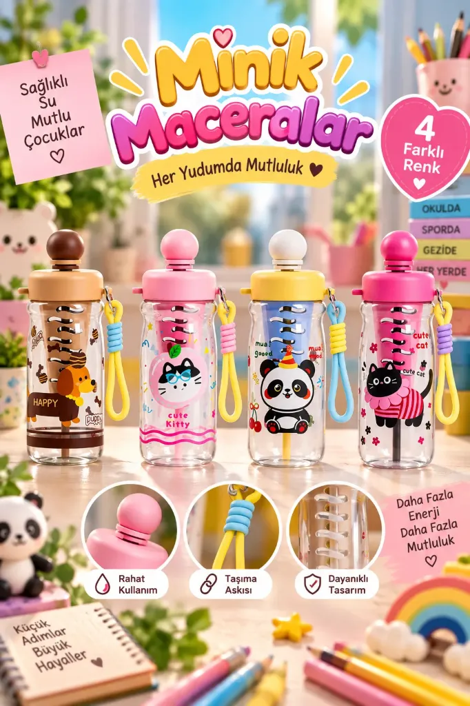 [MOS-121] Sevimli Hayvan Figürlü Askılı Pipetli Matara