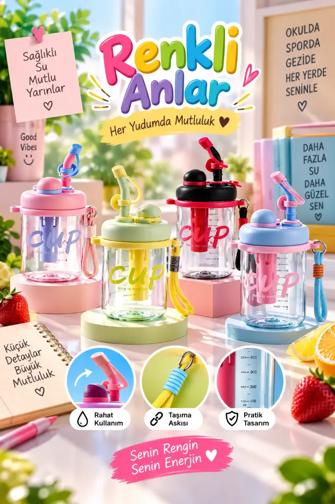 [MOS-122] Sevimli Figürlü Askılı Pipetli Tasarım Matara