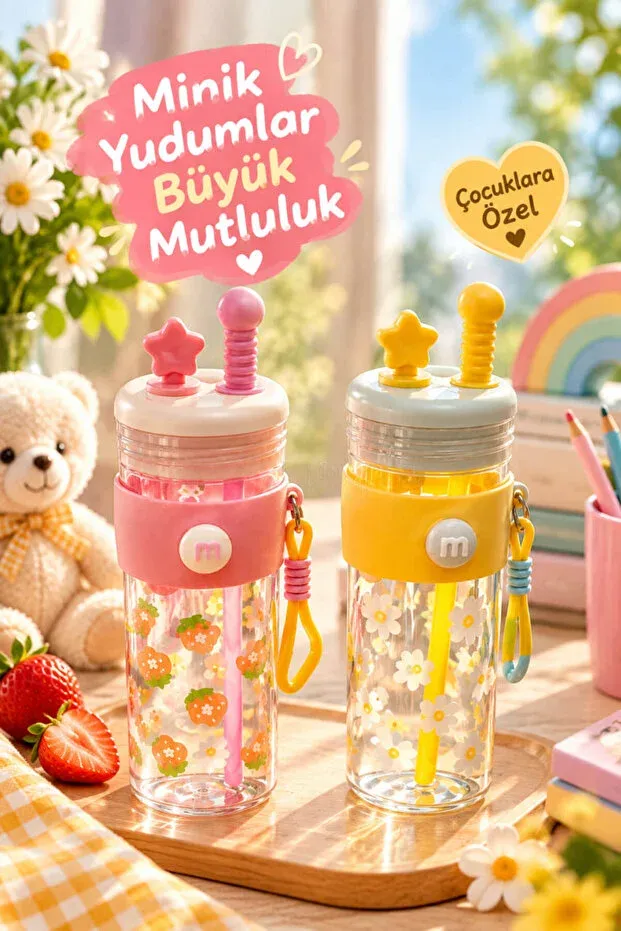 [MOS-123] Kore Tarzı Çocuk Pipetli Matara Askılı Sevimli Desenli Okul Suluğu Su Şişesi