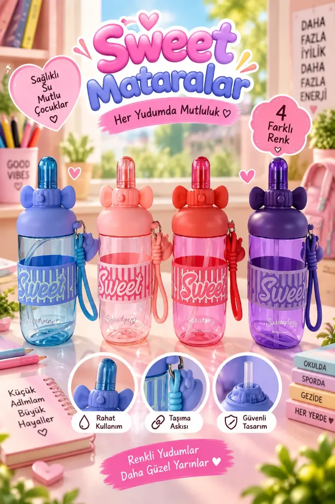 Sevimli Figürlü Askılı Sweet Pipetli Matara