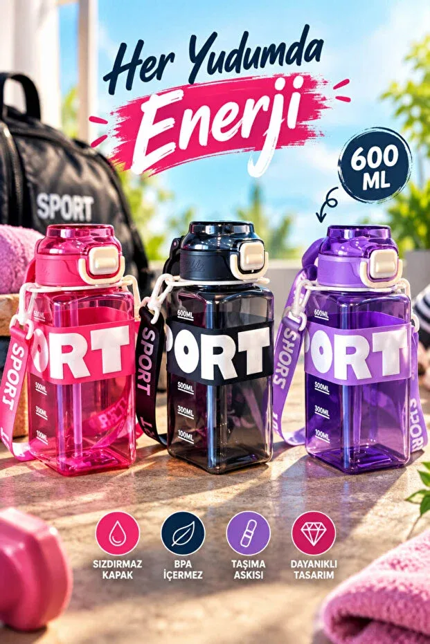 600ml Ölçü Dereceli Kare Spor Matara Pipetli Askılı Sızdırmaz Kapaklı BPA İçermeyen Su Şişesi