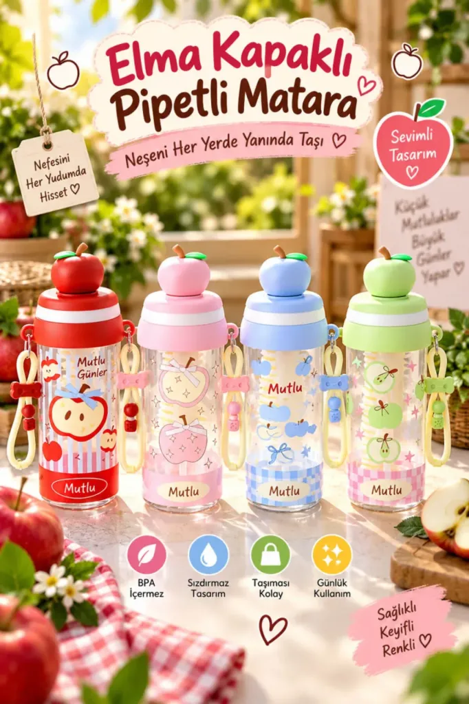 [MOS-127] 650ml Detoks Elma Kapaklı Pipetli Matara Fiyonk Askılı Sızdırmaz Su Şişesi Suluk