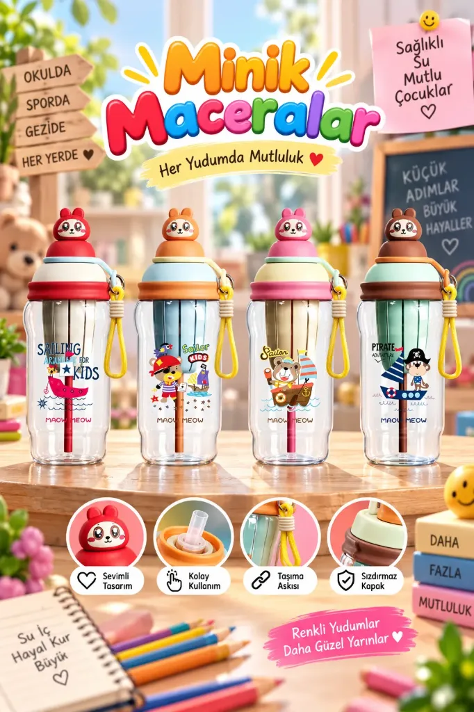 [MOS-129] Sevimli Labubu Figürlü Askılı Pipetli Matara