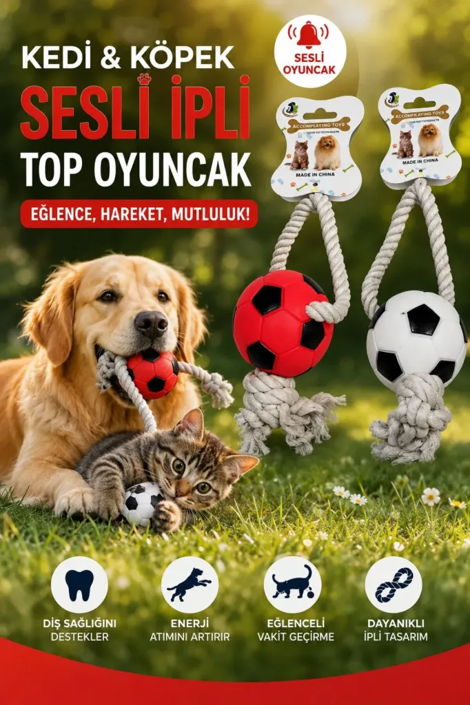 Kedi&Köpek Sesli İpli Top Oyuncak