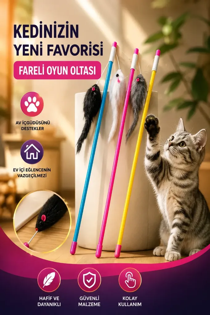 Plastik Kedi Oyun Oltası Fareli *480