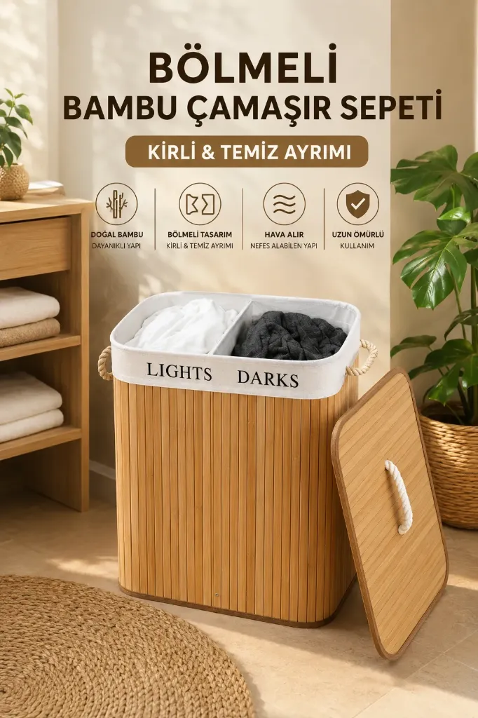 Bambu Kirli Temiz Bölmeli Çamaşır Sepeti 32x52x60