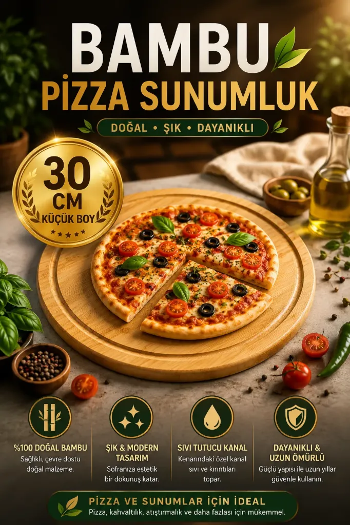Bambu Altı Dönerli Pizza Sunumluk 30 Cm Küçük