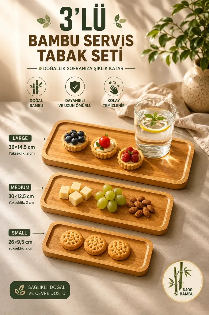 Bambu 3 Lü Dikdörtgen Tabak Set