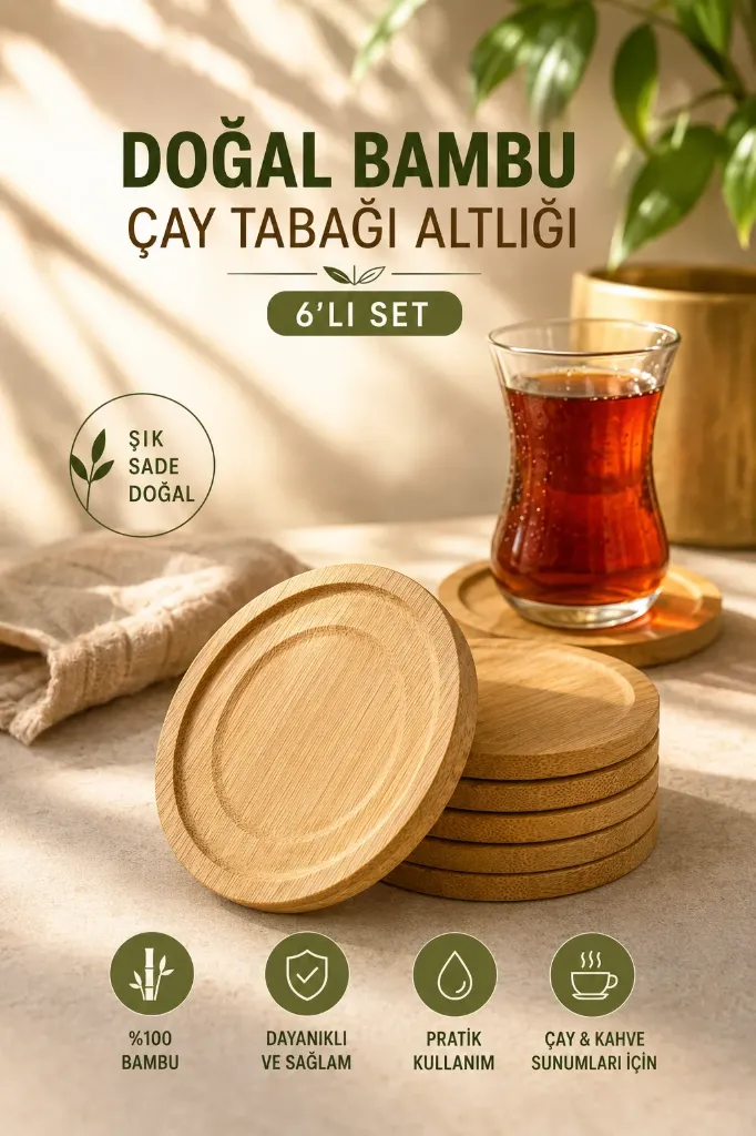 Bambu Çay Tabağı Altlığı 6 Lı Set Yuvarlak