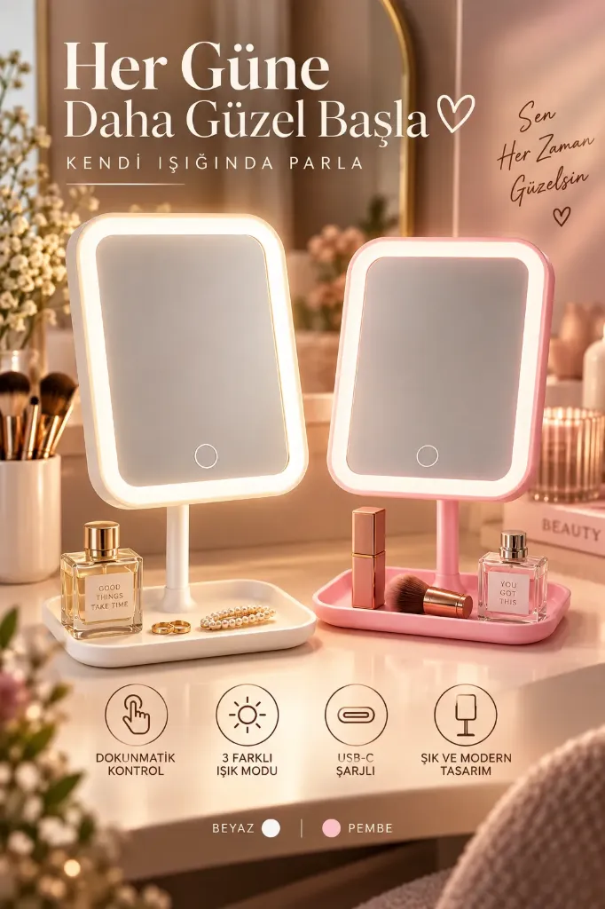 Diktörtgen Şarjlı Led Lamba Makyaj Aynası