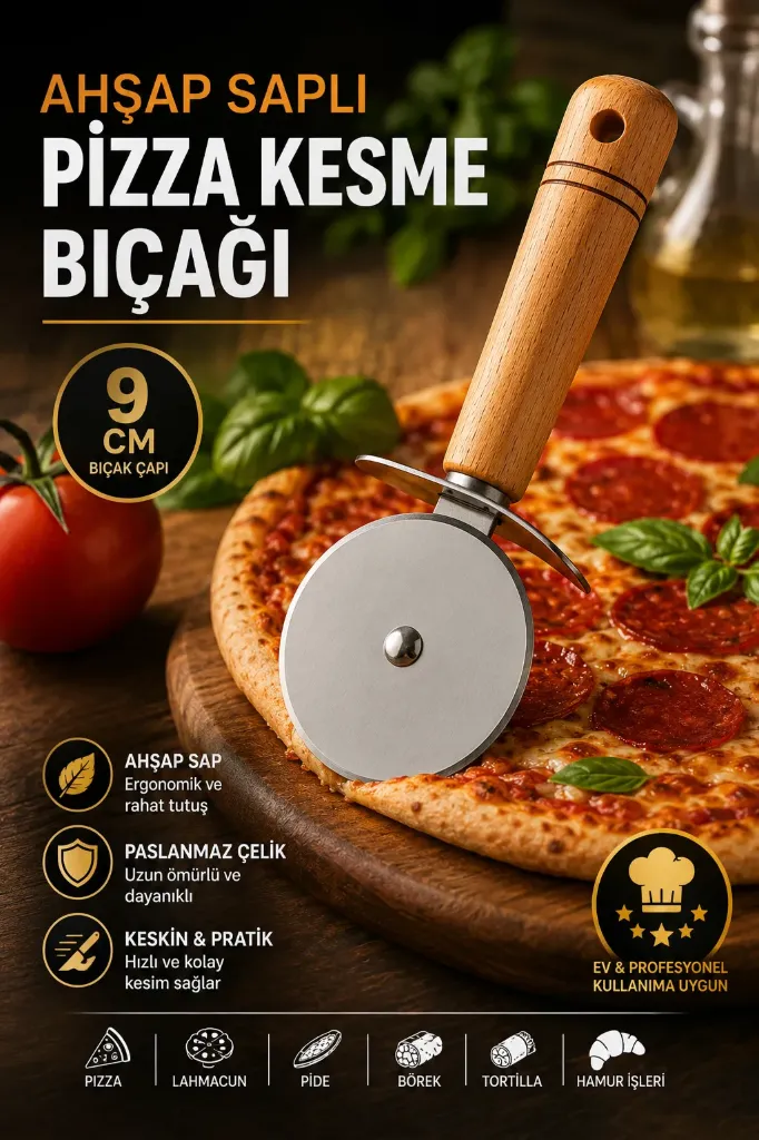 Ahşap Saplı Pizza Kesme Bıçağı 9 Cm
