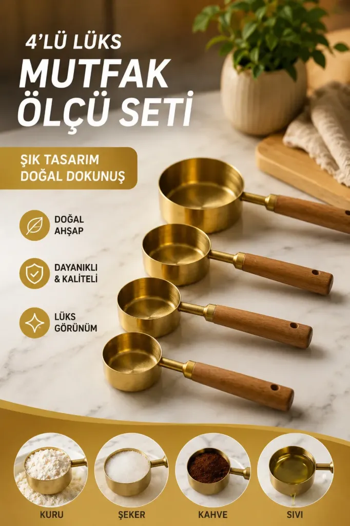 4 Lü Ölçü Kaşığı Bambu Saplı Büyük