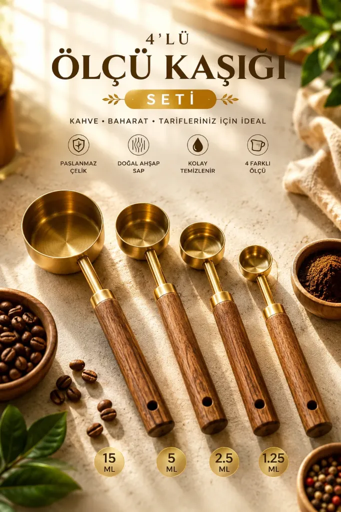 4 Lü Ölçü Kaşığı Bambu Saplı Küçük